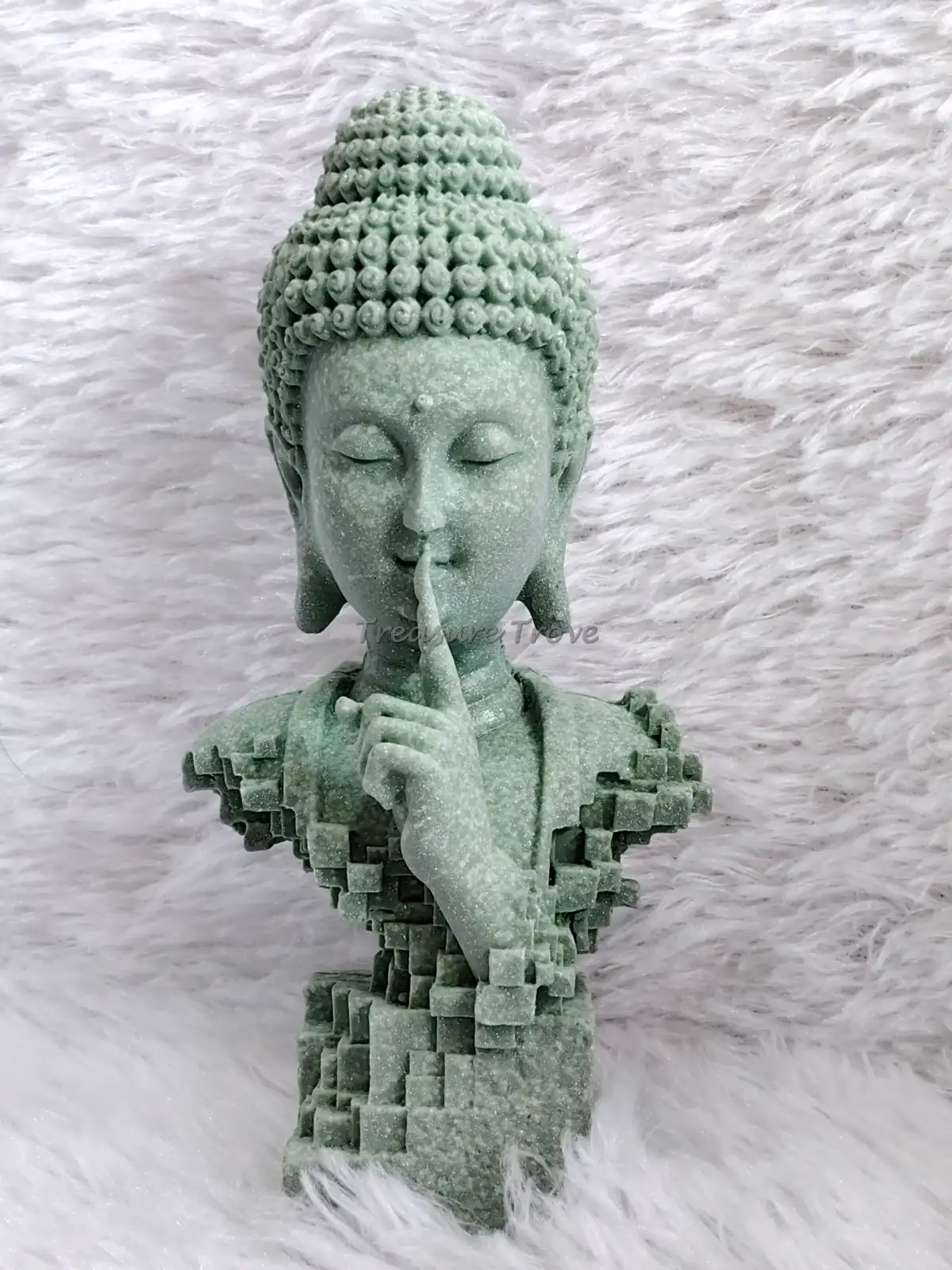 Silent Buddha Shh decorative statue with green stone finish