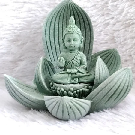 Lotus throne Buddha and Ganesha decorative statue with green stone finish